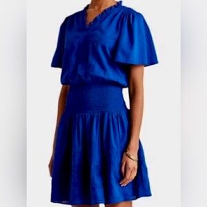 Lauren Ralph Lauren Embroidered Short Sleeve Smocked Waist Dress 10 EUC Blue
